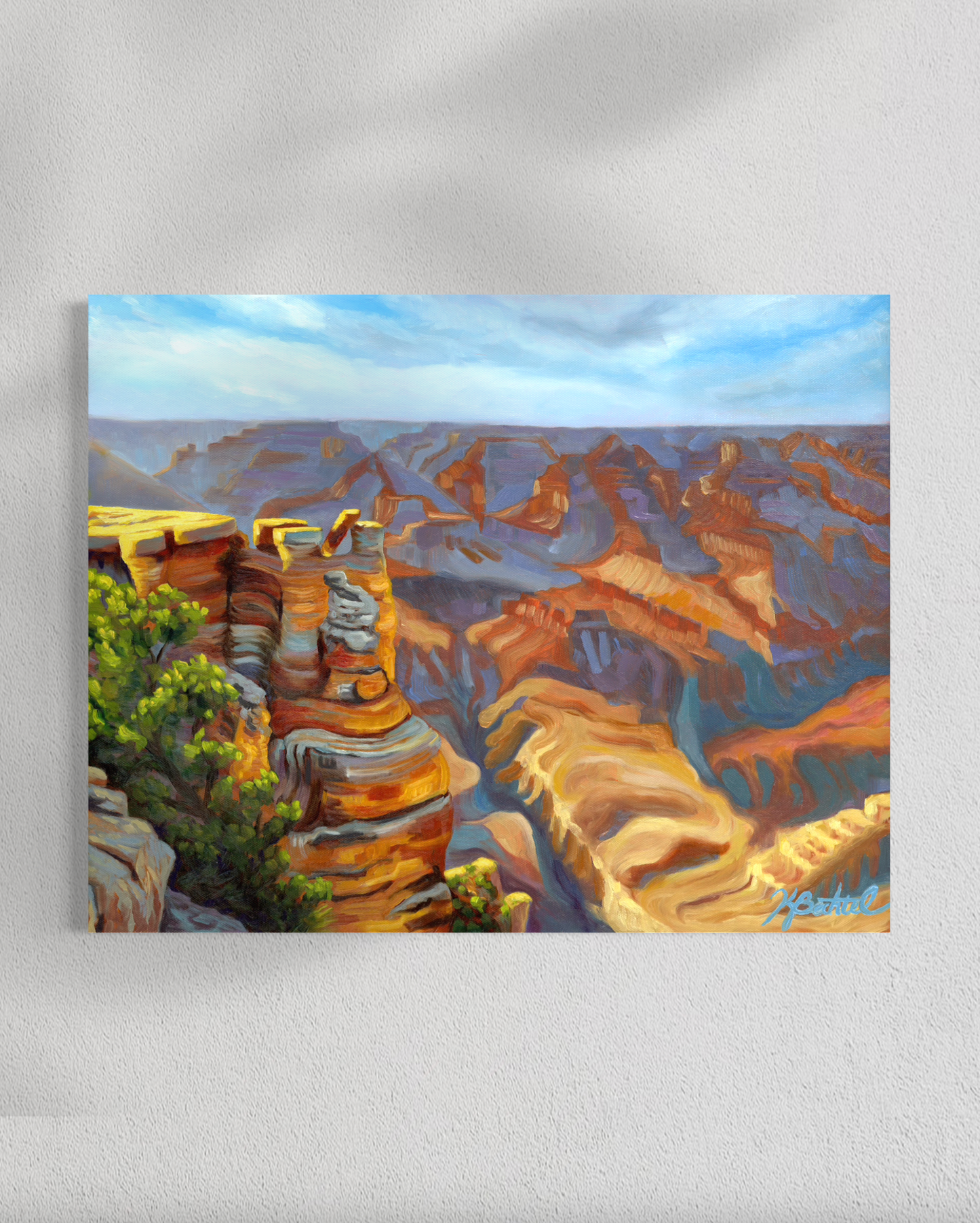 Painting of a canyon landscape with cliffs and blue sky.