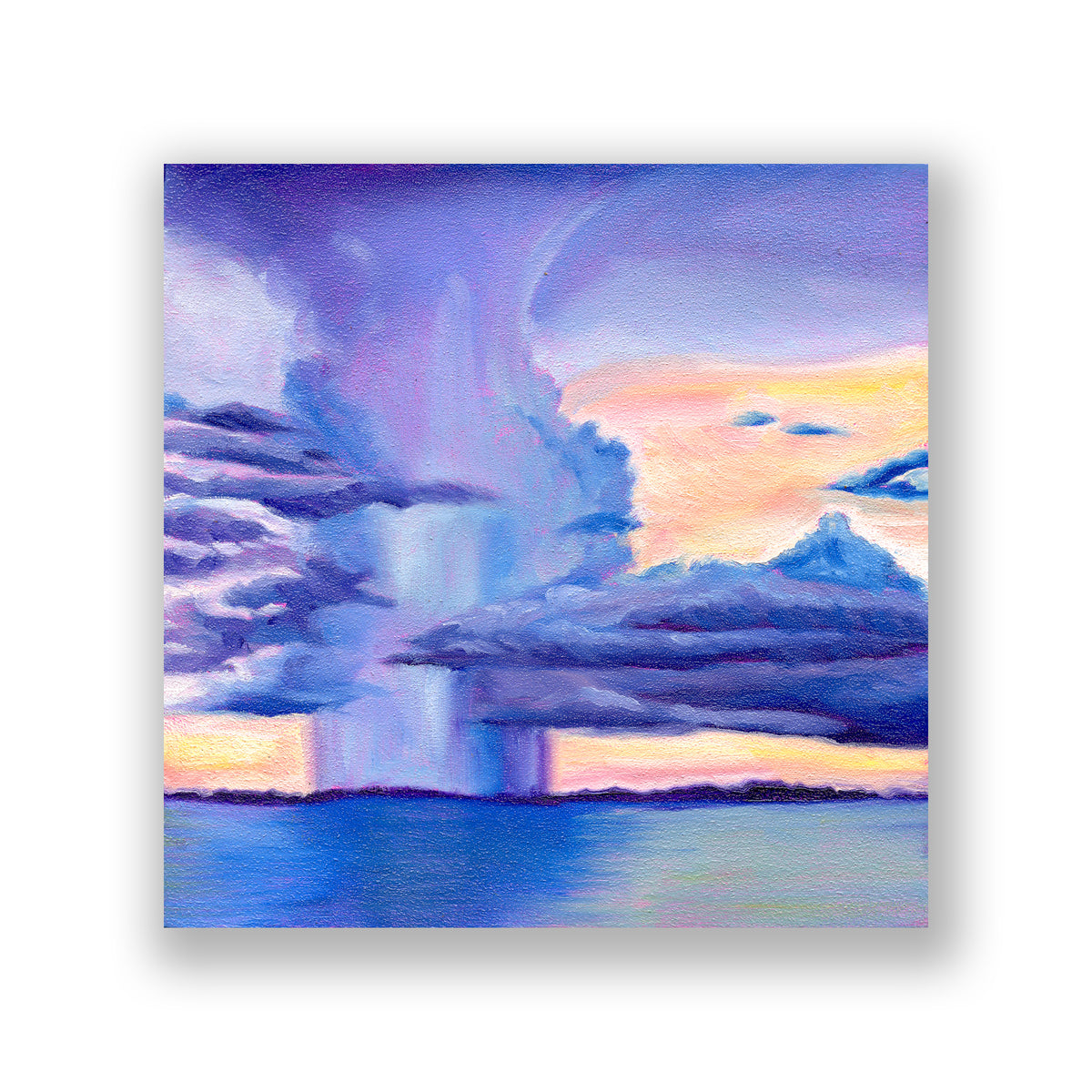 A square canvas painting of a dramatic storm scene over water, featuring a large purple and blue rainstorm with pink and yellow sunset clouds, displayed on a clean white background with a soft drop shadow.