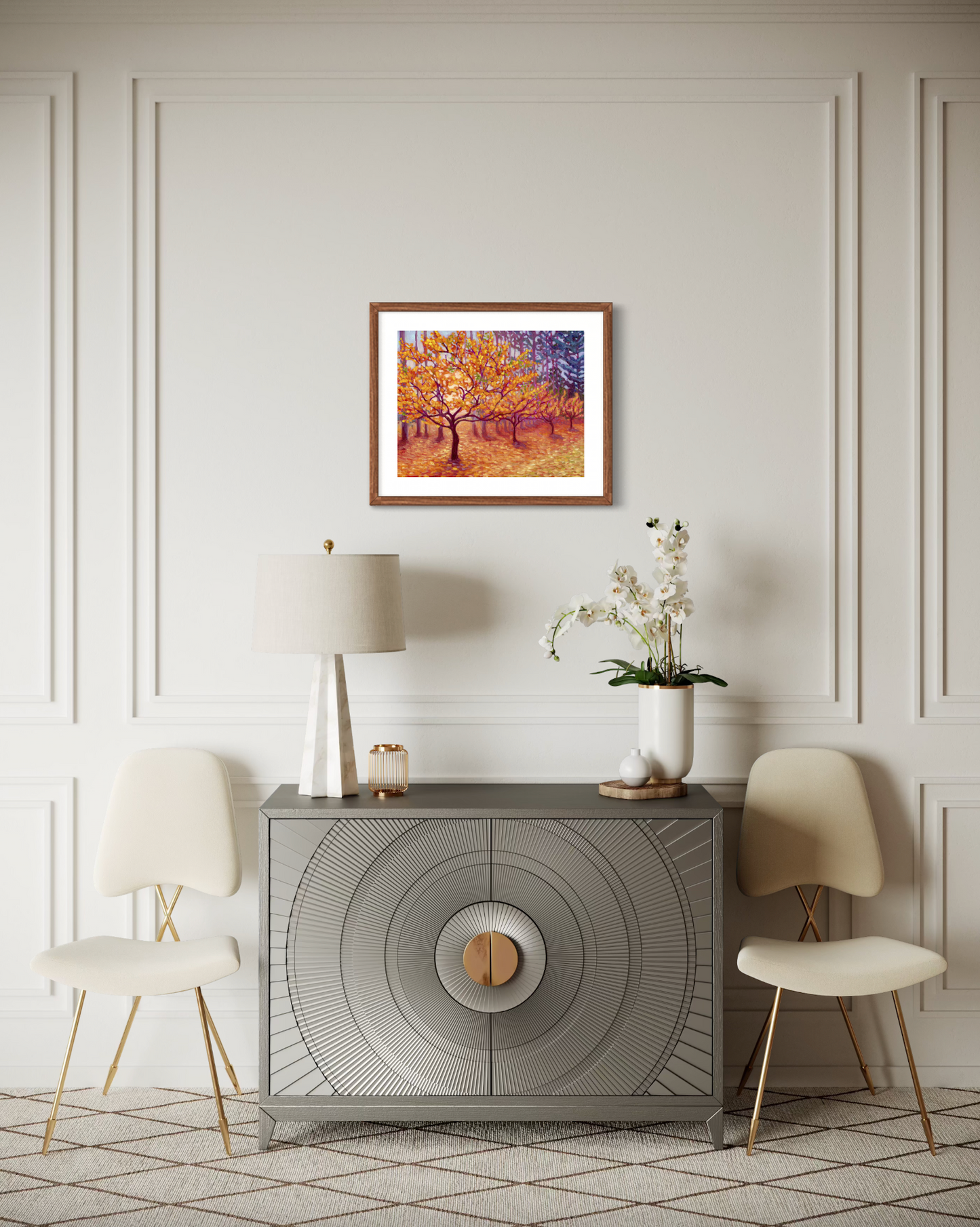 Decorative interior with a console table, chairs, and wall art.