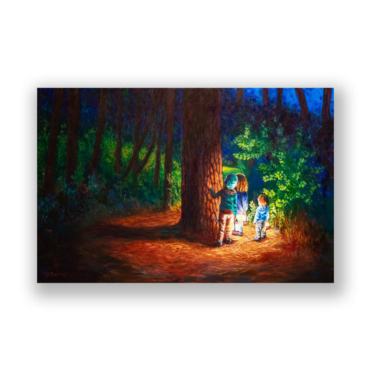 Painting of two children exploring a forest with a glowing lantern