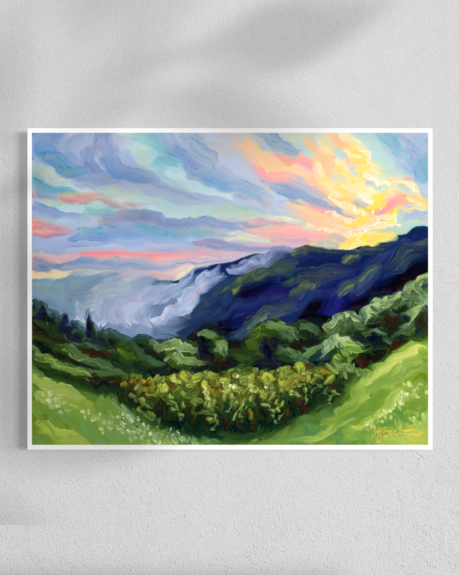 Painting of a landscape with green hills and a colorful sky.