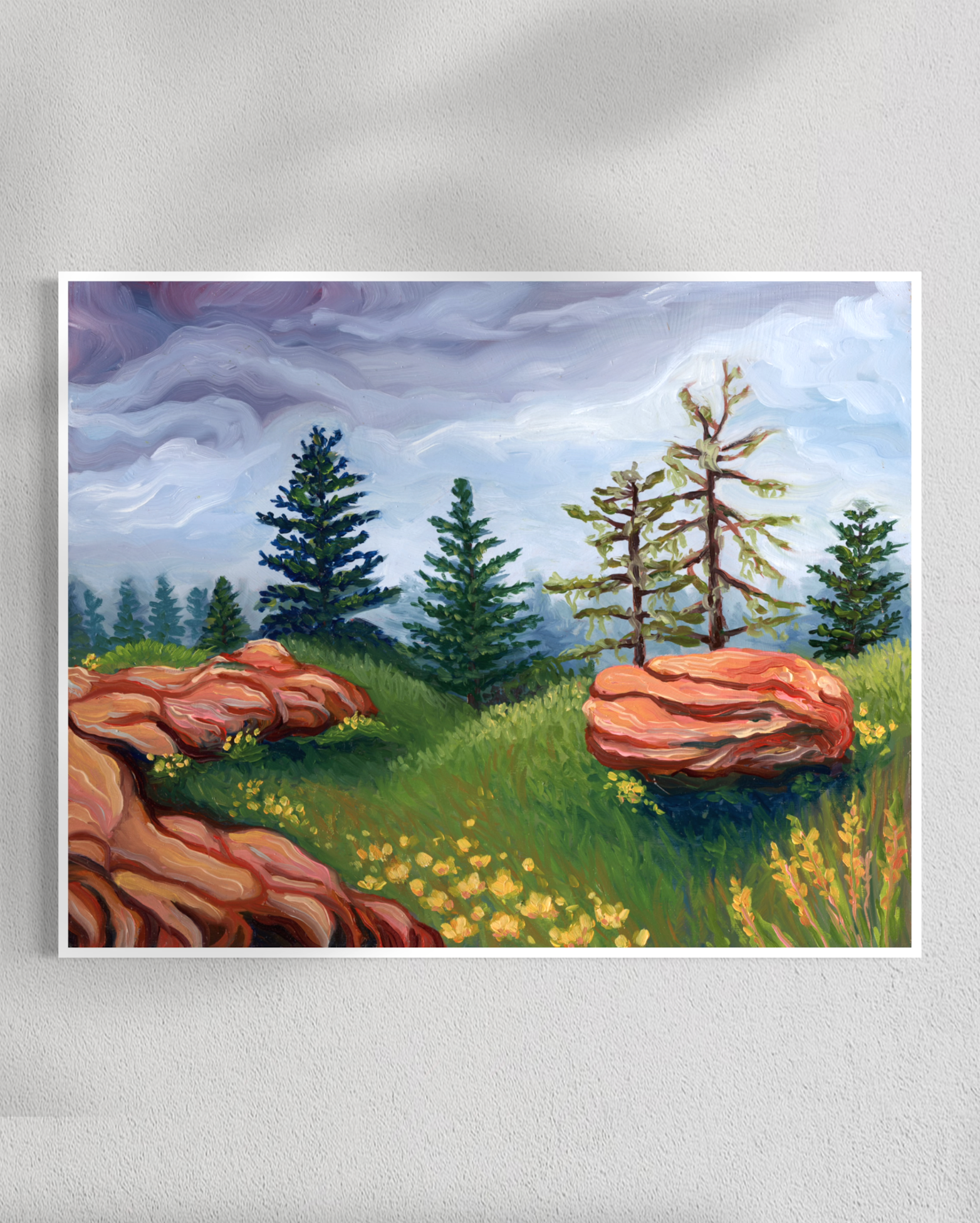 Painting of a landscape with trees, rocks, and grass on a white background