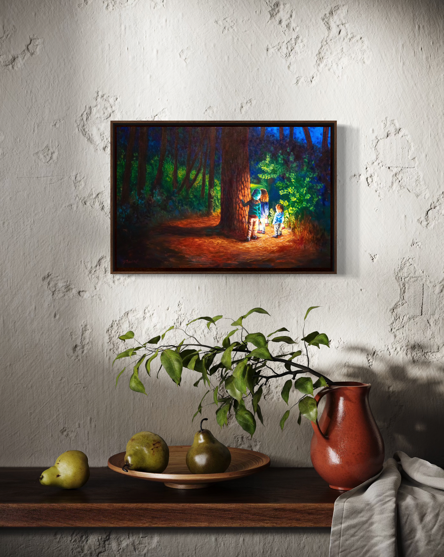 Framed artwork of a child with lanterns under a tree, displayed on a textured wall above a wooden shelf with pears and a pitcher.