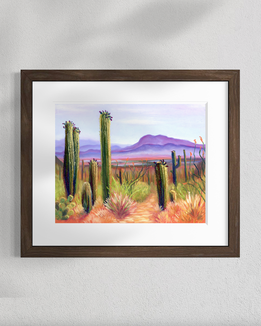 Framed artwork of a desert landscape with cacti on a white wall