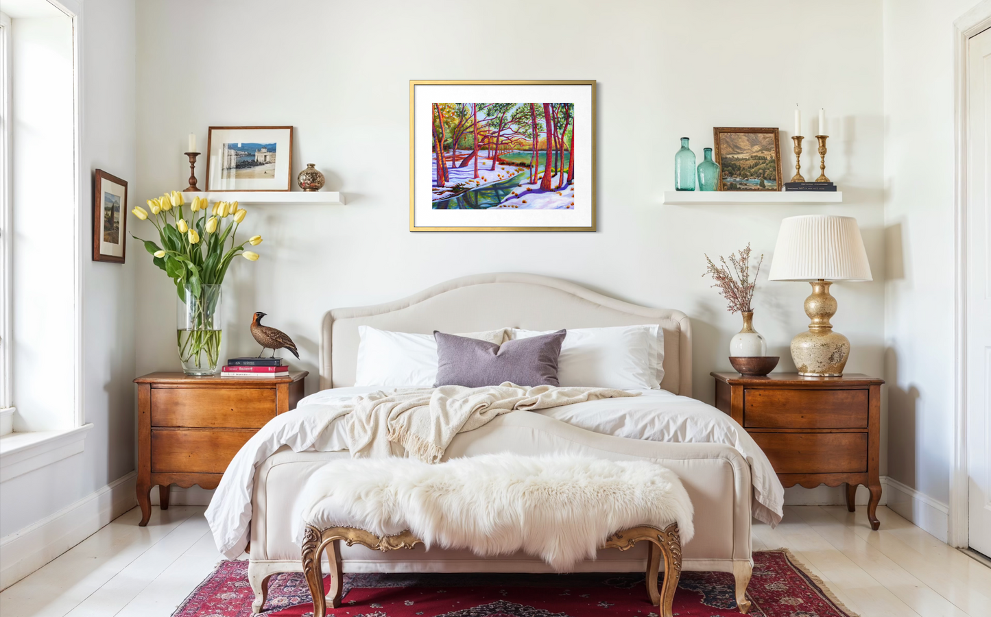 Neatly decorated bedroom with a bed, nightstands, and wall art.