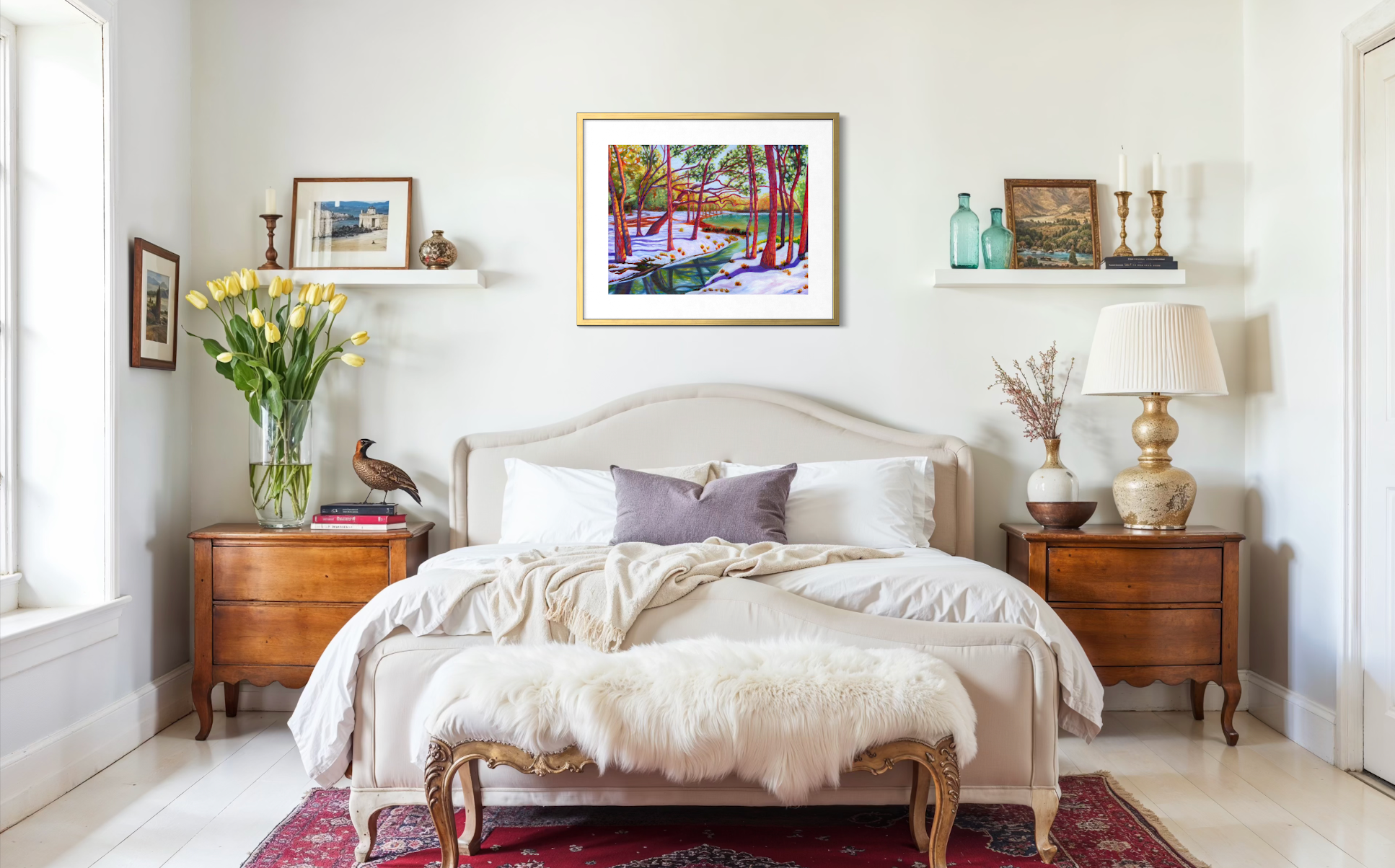 Neatly decorated bedroom with a bed, nightstands, and wall art.