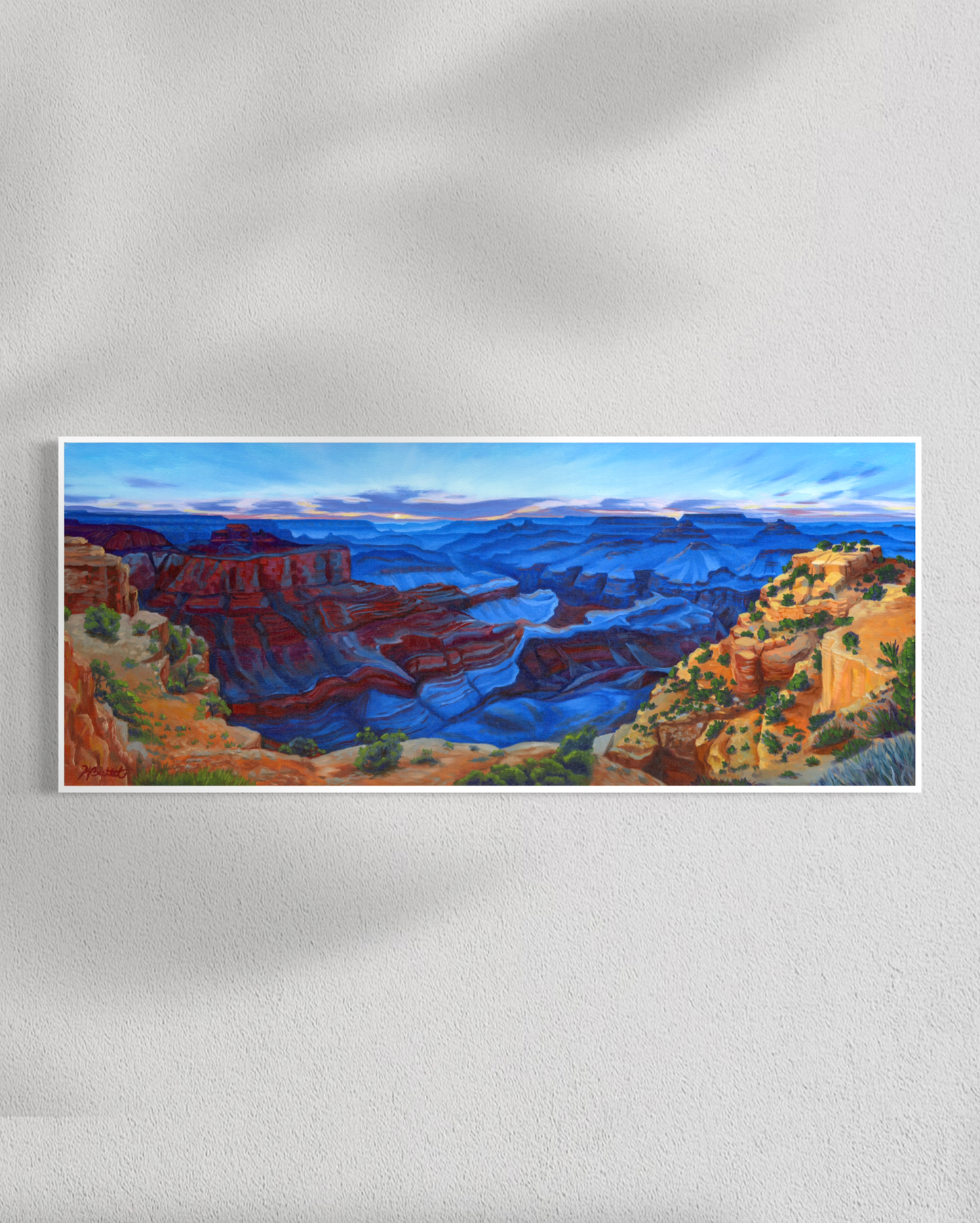 Painting of a canyon landscape with blue shadows and red rock formations on a white background.