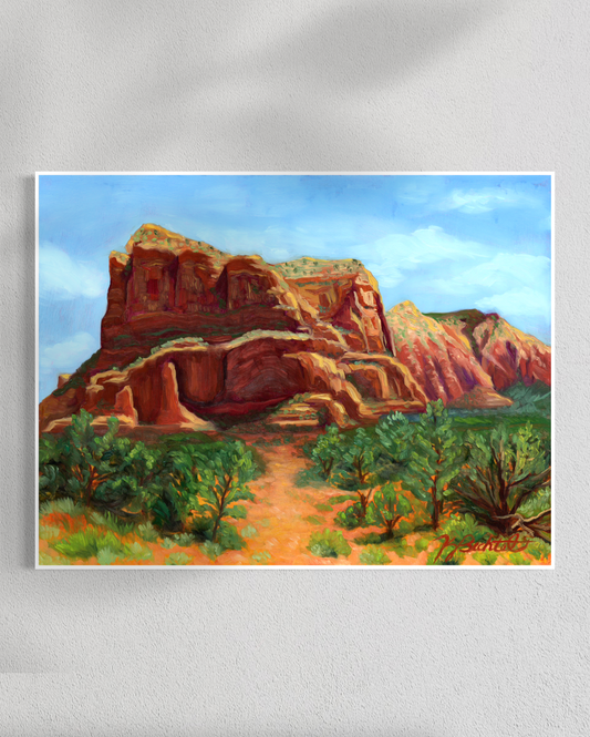 Painting of a desert landscape with red rock formations and green trees.