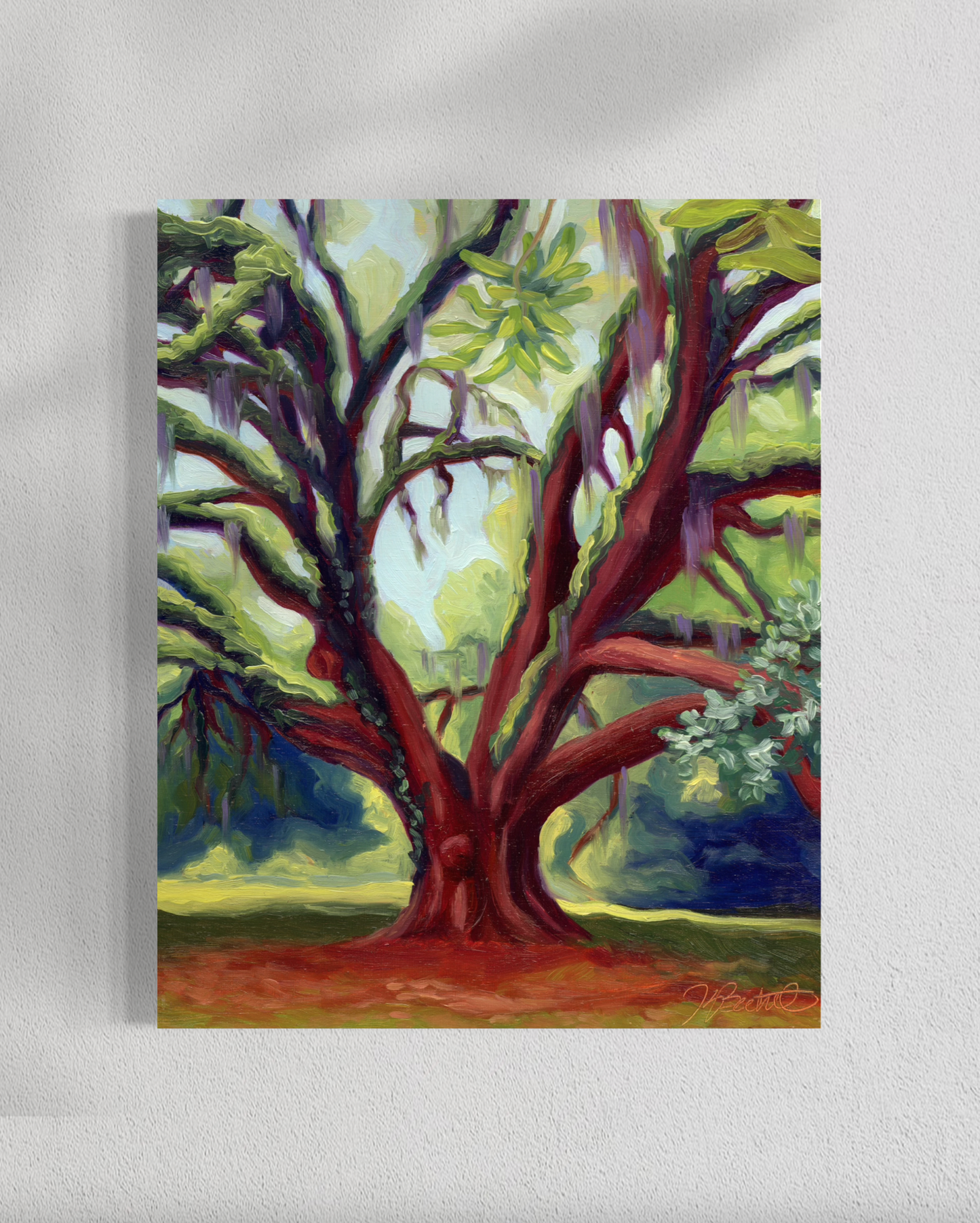 painting of a large oak tree with green leaves hung on a wall
