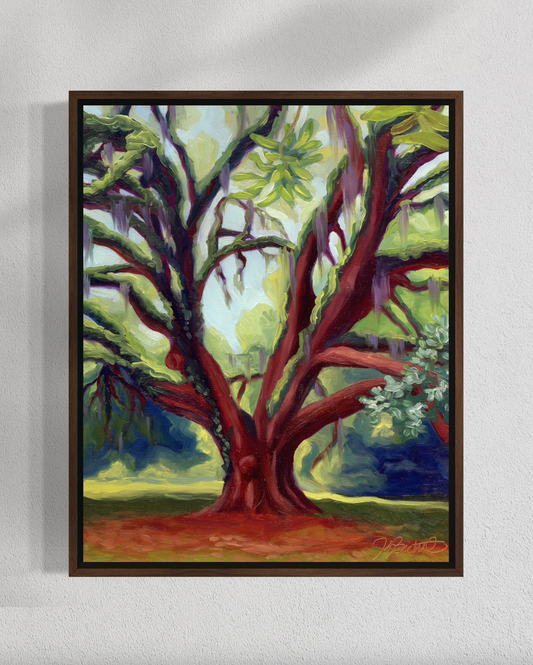Framed painting of a large tree with a colorful background on a white wall.