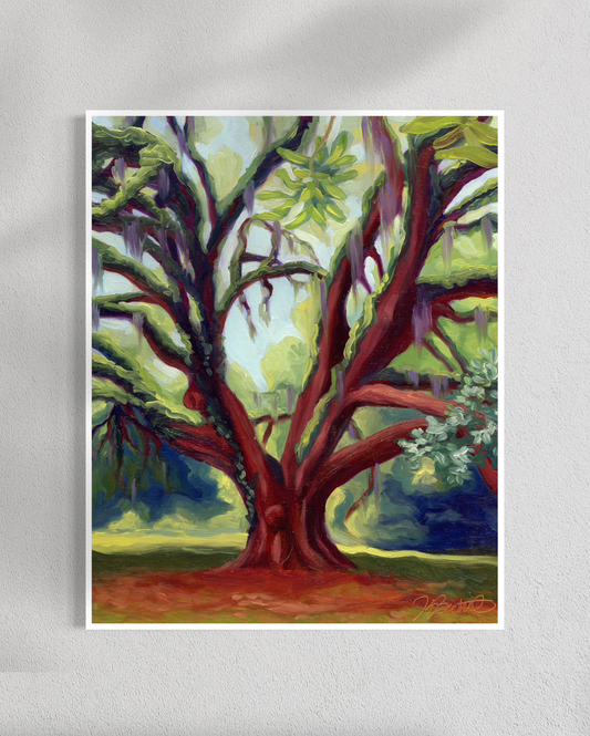 Painting of a large tree with a colorful background on a gray wall.