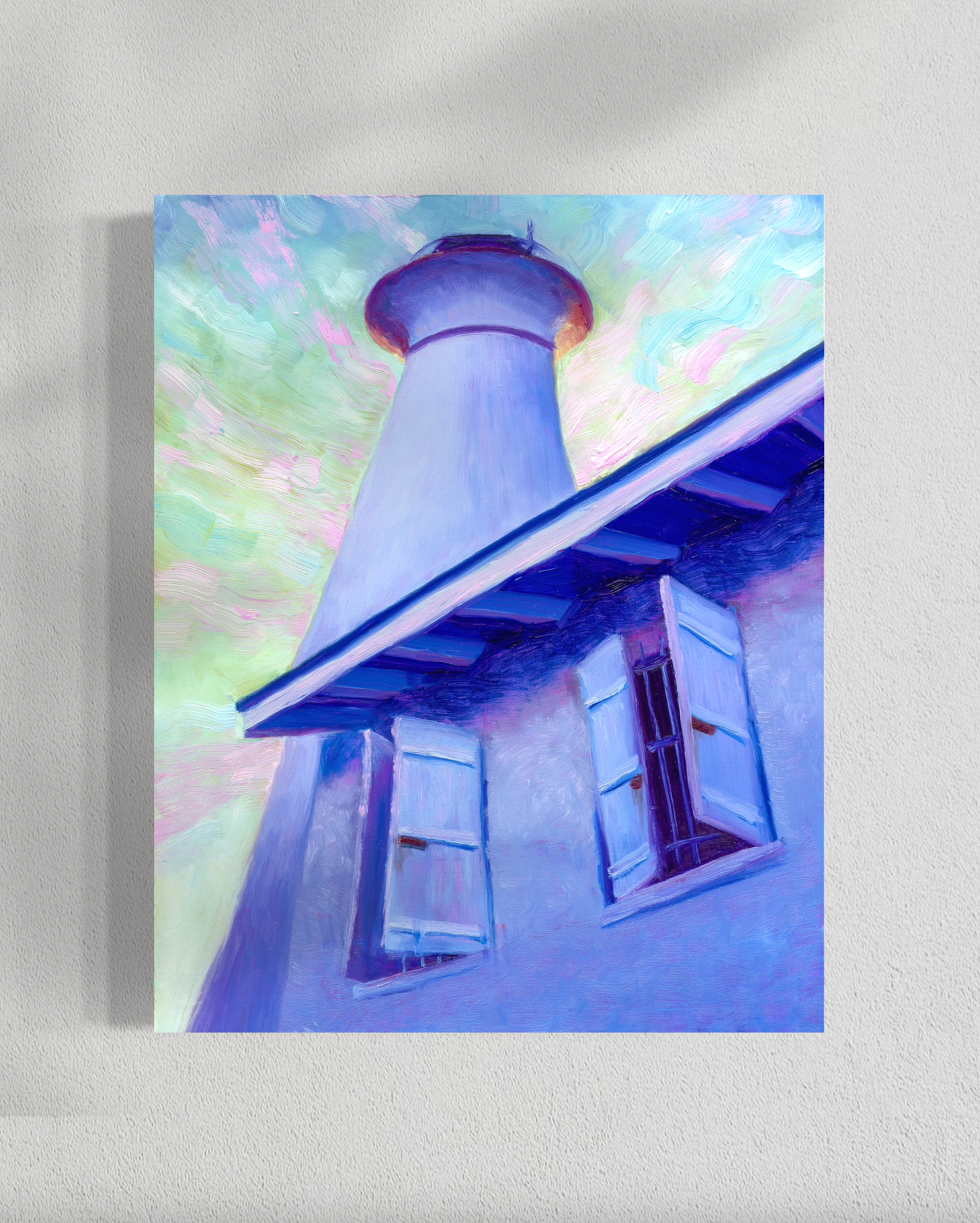 Abstract painting of a lighthouse with pastel colors