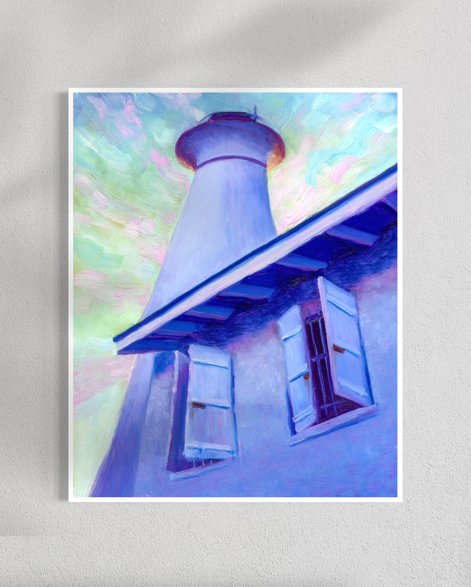Artistic depiction of a lighthouse against a colorful, abstract background.