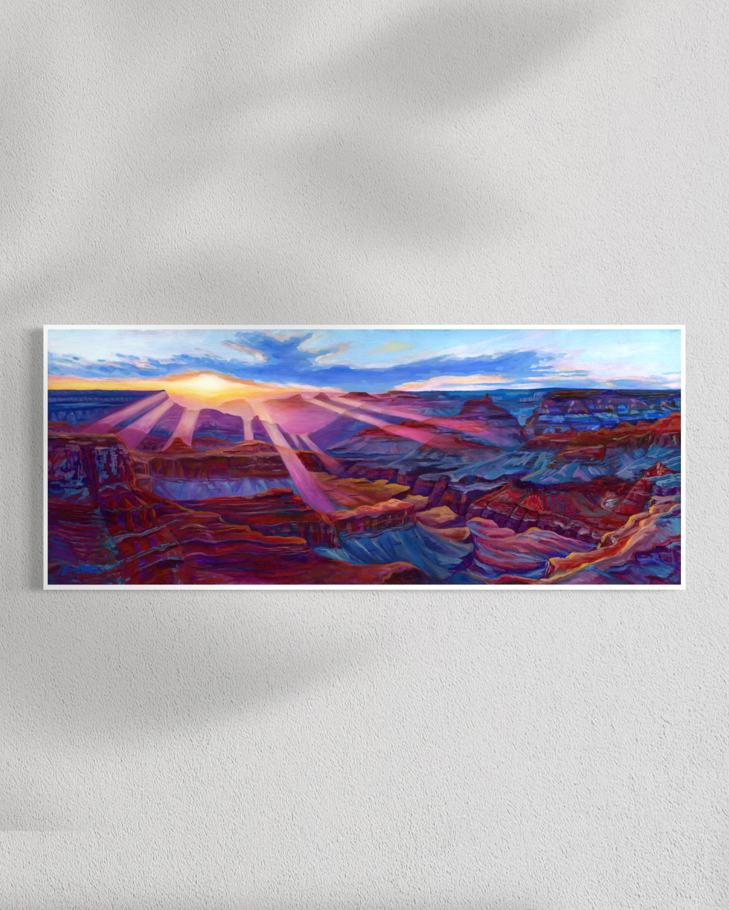 Painting of a sunset over a canyon landscape on a white background