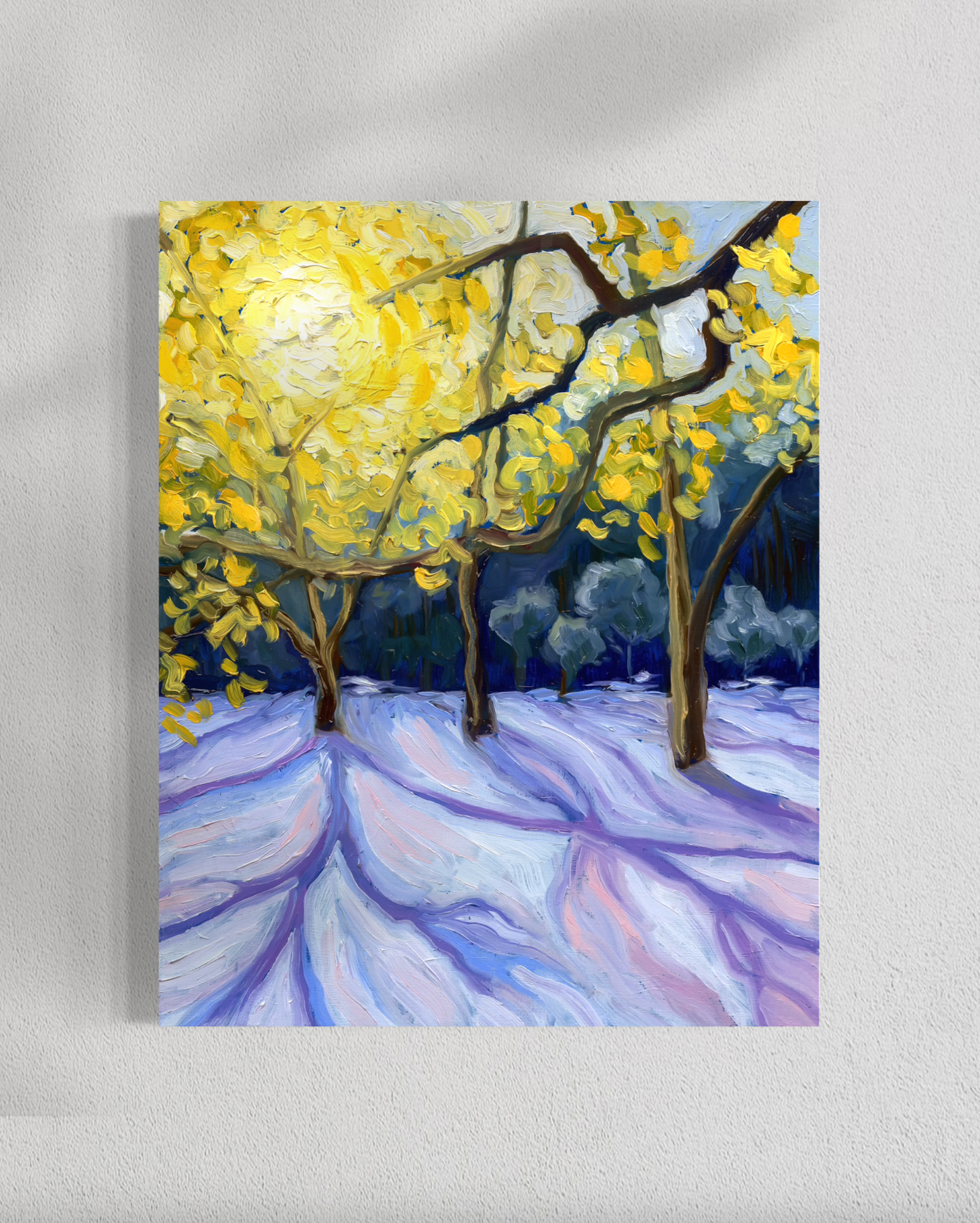 Painting of trees with yellow leaves on a snowy landscape