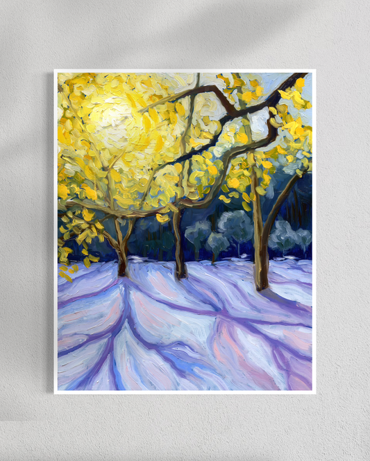 Artistic depiction of trees with yellow leaves on a snowy landscape