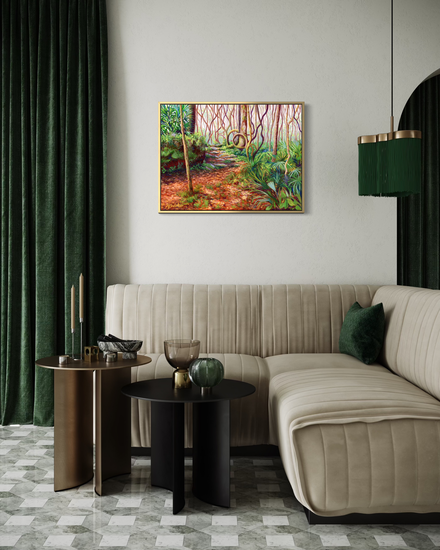 Modern living room with a beige sofa, side tables, and a forest painting on the wall.