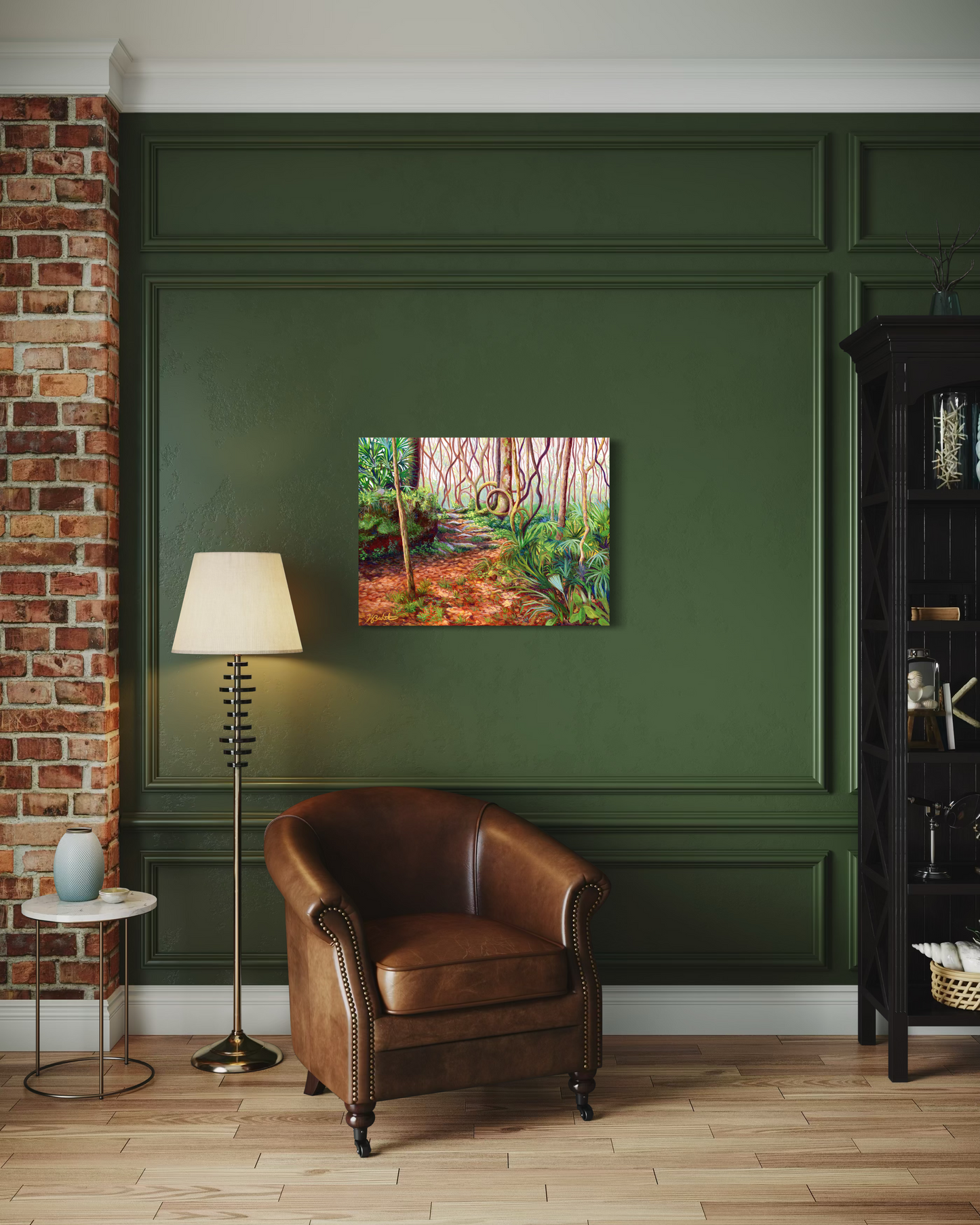 Room interior with a painting of a forest scene on a green wall, a brown leather chair, and a lamp.