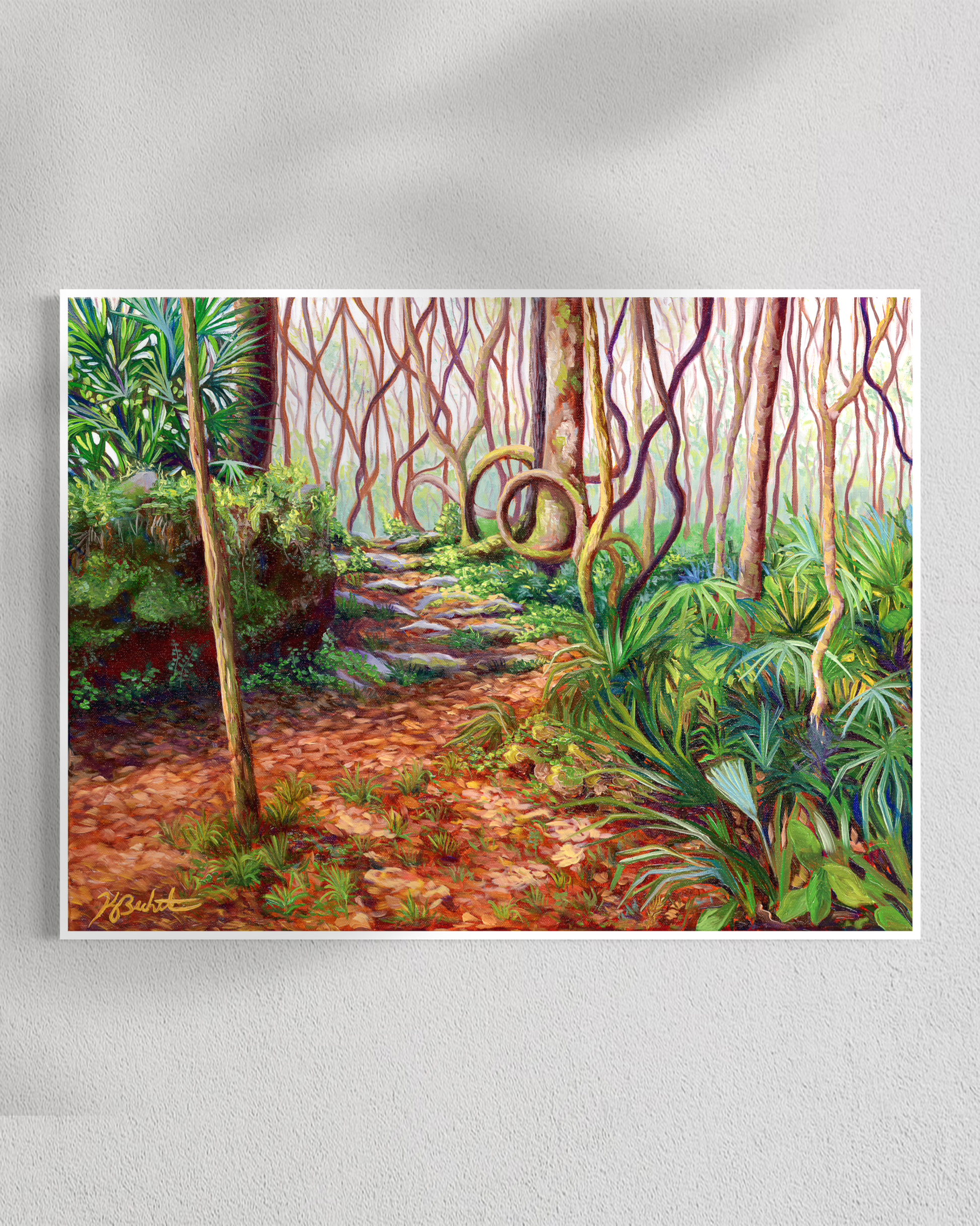 Colorful painting of a forest path with trees and foliage on a white background