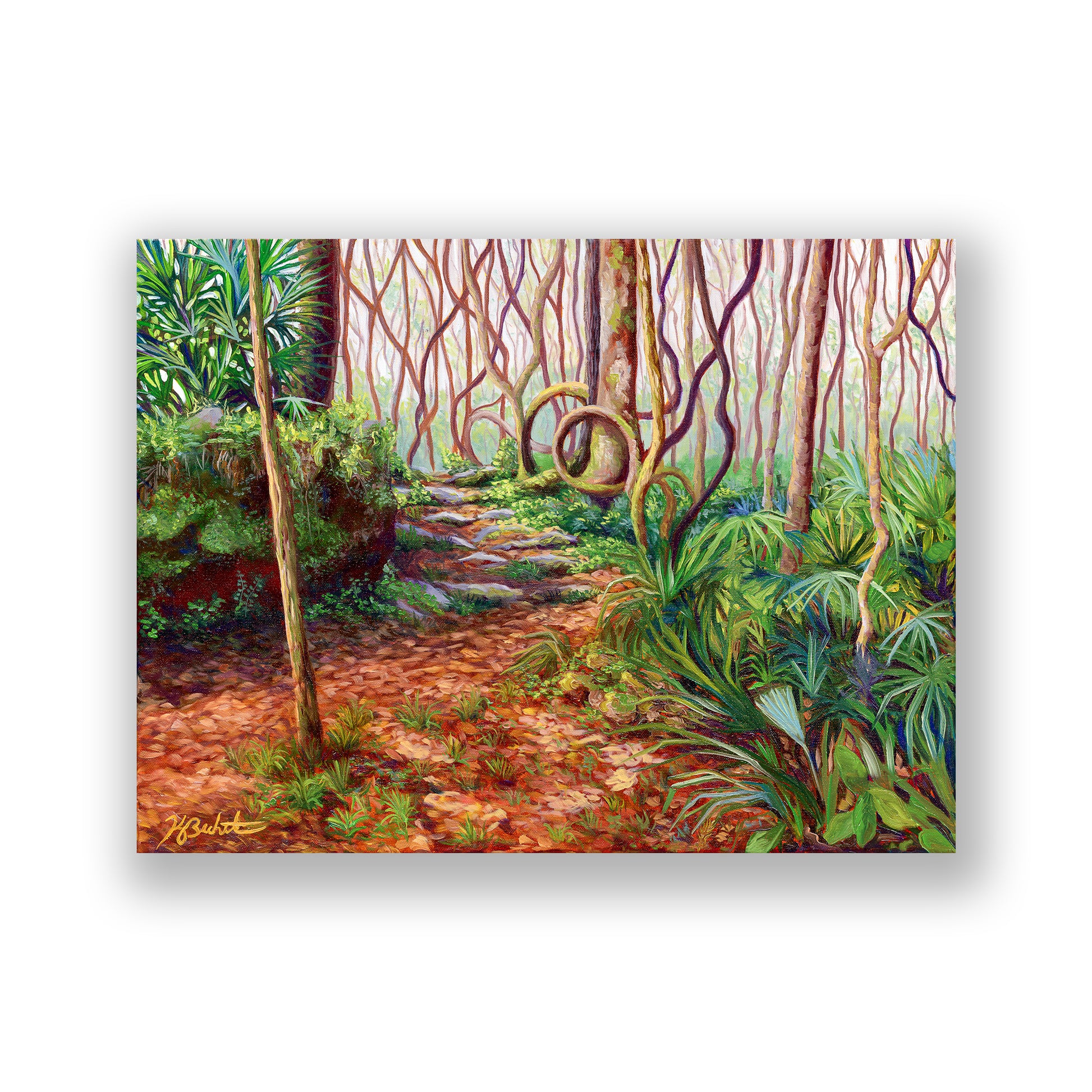 Painting of a tropical forest with a winding path